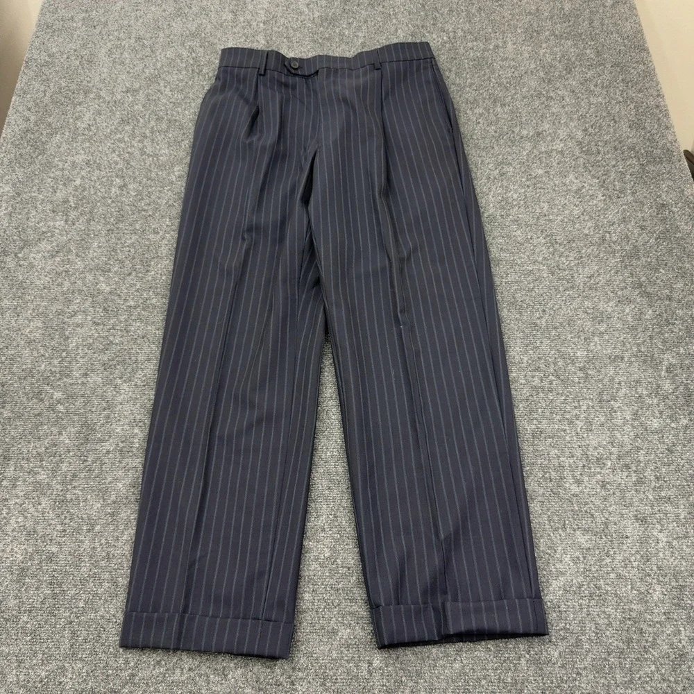 Oscar de la Renta Pants Mens 32 Navy Blue Wool Pinstripe Pleated Cuffed Classic